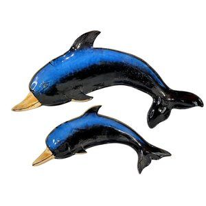 2 Matching Dolphin Figurine Tray Trinket Dishes Mother Baby Ceramic Footed  15"